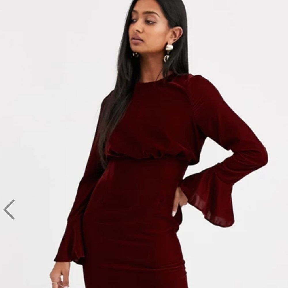 ASOS fluted sleeve velvet midi pencil dress